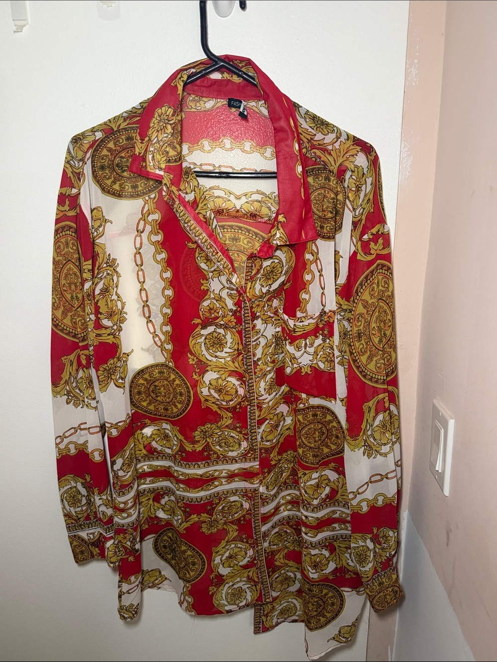 Red and Gold Chain-Print Button-Up Blouse